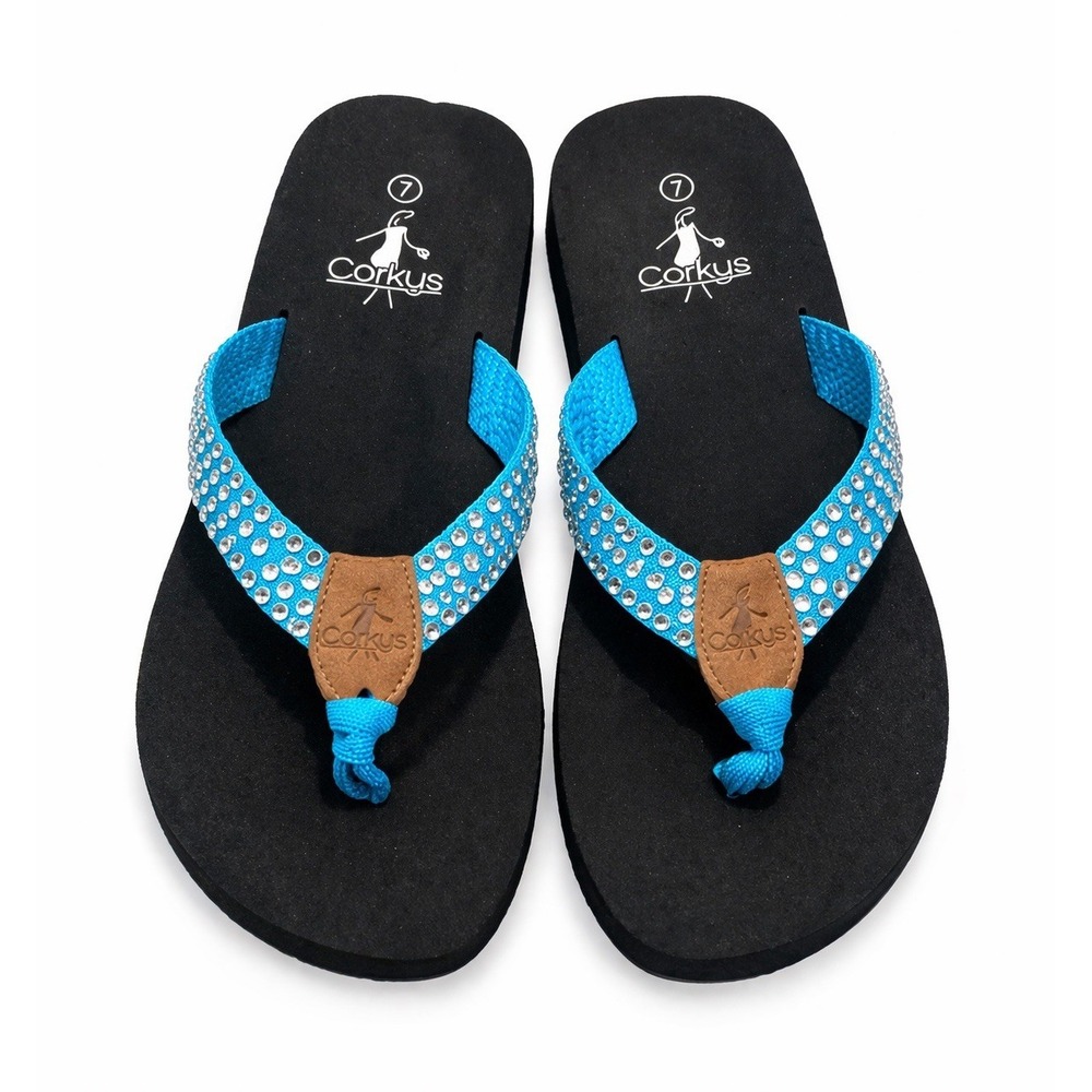 Corky's Flip Flop Sandals Women's 7‎ Blue Rhinestone Comfort Beach Summer Travel